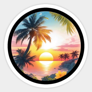Serenity's Embrace: A Photorealistic Masterpiece of a Majestic Palm Tree and Flowers at Sunset Sticker